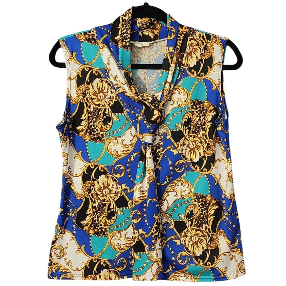 Tiffany & Grey Women's Blue Baroque Chain Leopard Blouse XL Petite